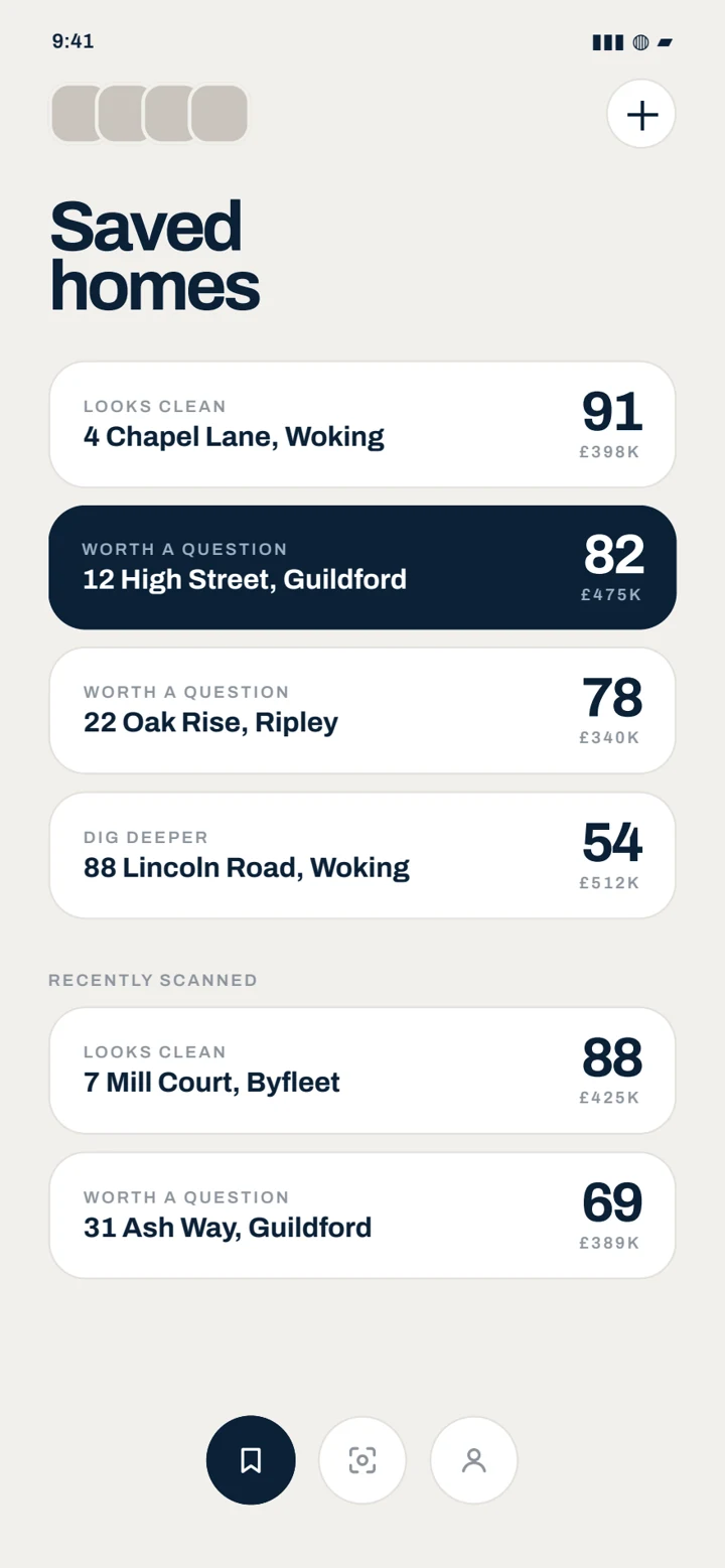 Saved homes, each with a score and verdict